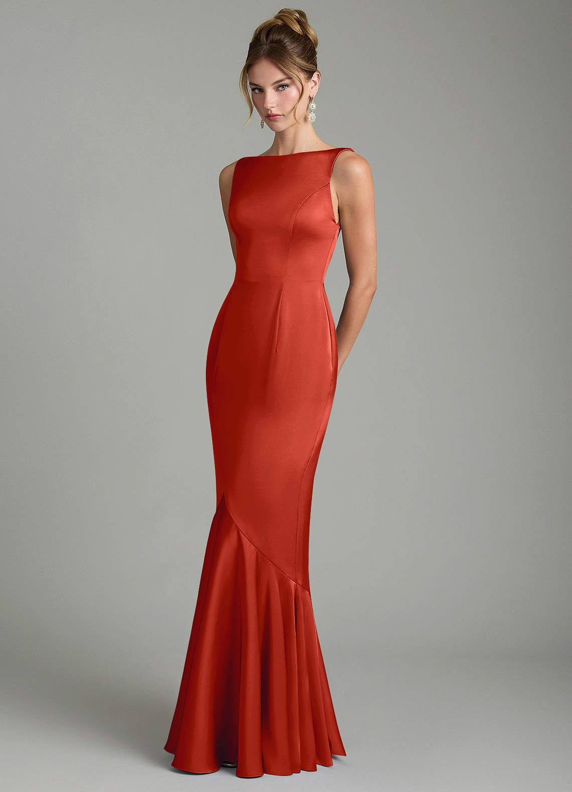 Tamera Mermaid Boat-Neck Stretch Satin and Chiffon Bridesmaid Dress in Rust