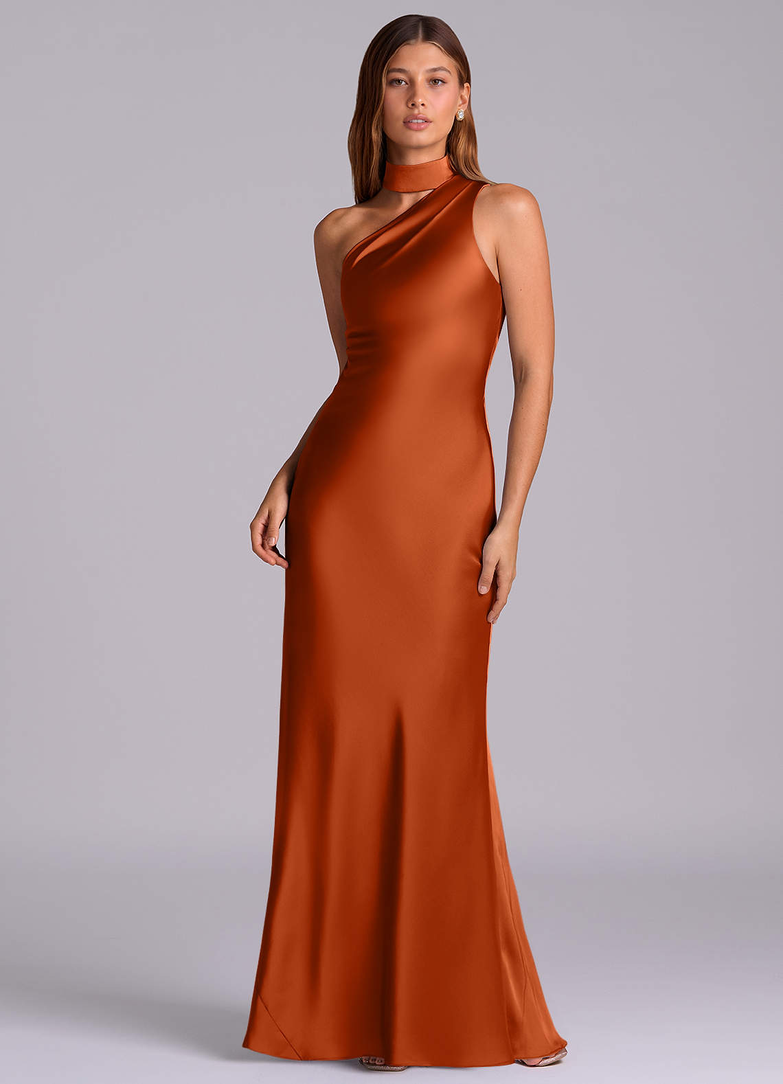 Seona Mermaid One-Shoulder Stretch Satin and Tulle Bridesmaid Dress in Burnt Orange