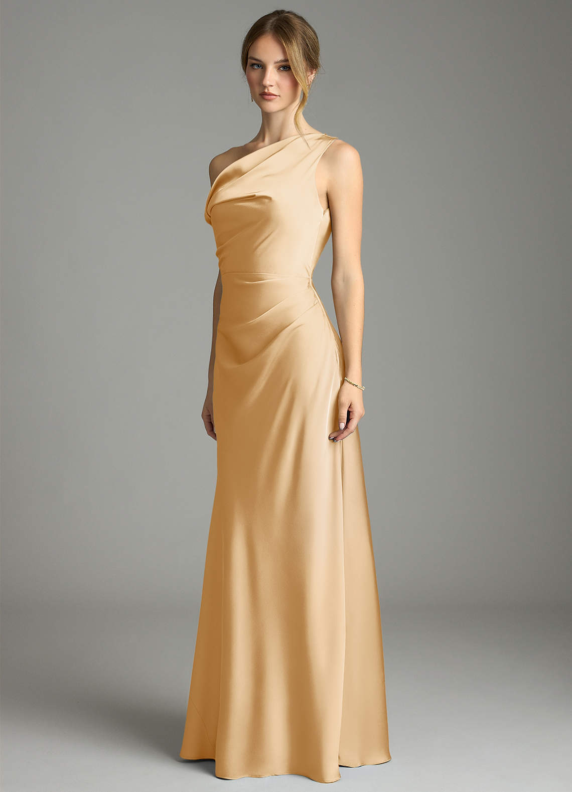 Emerson Mermaid One-Shoulder Stretch Satin Bridesmaid Dress in Gold