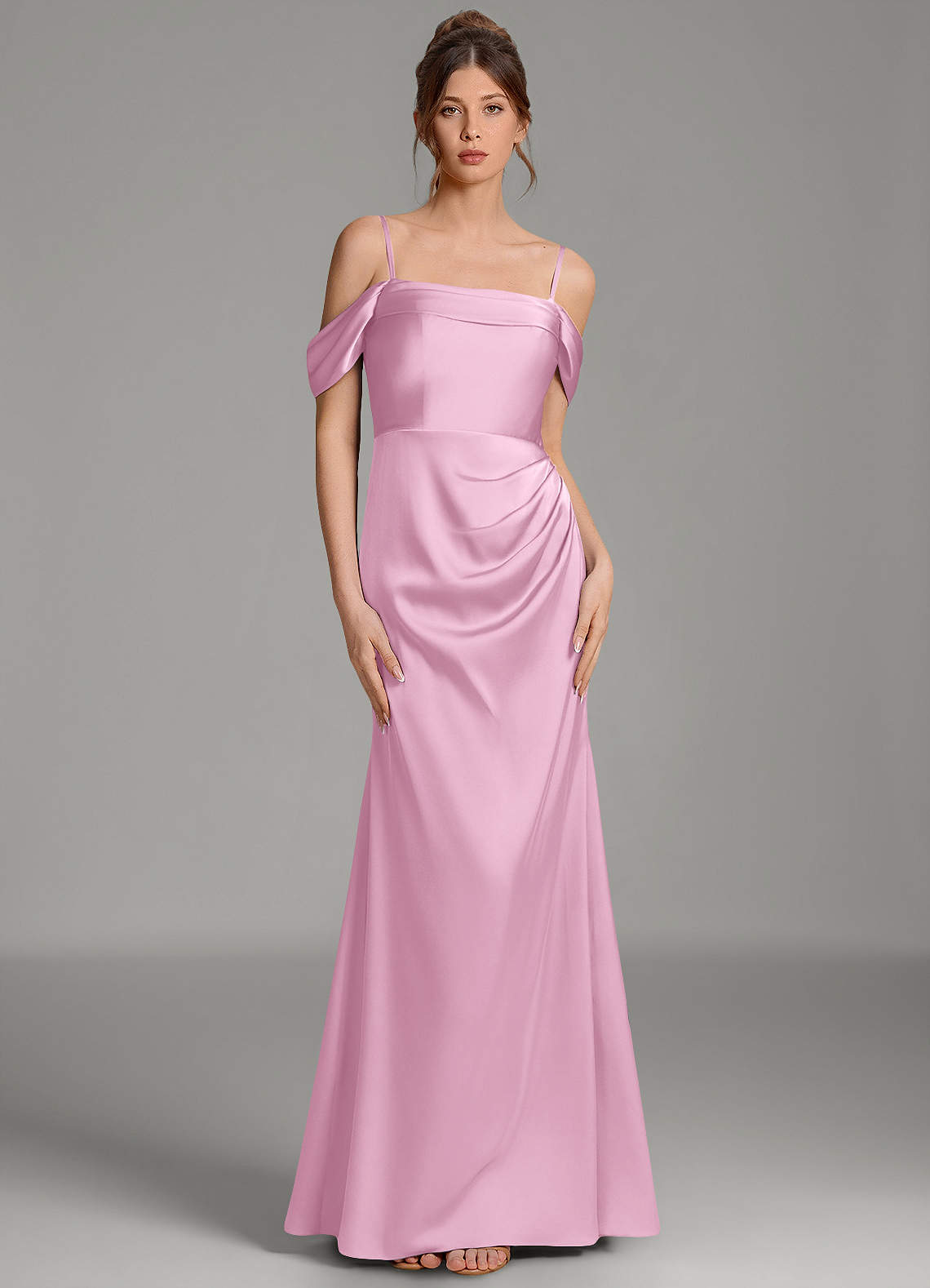 Wyatt Mermaid Off-the-Shoulder Stretch Satin Bridesmaid Dress in candy pink