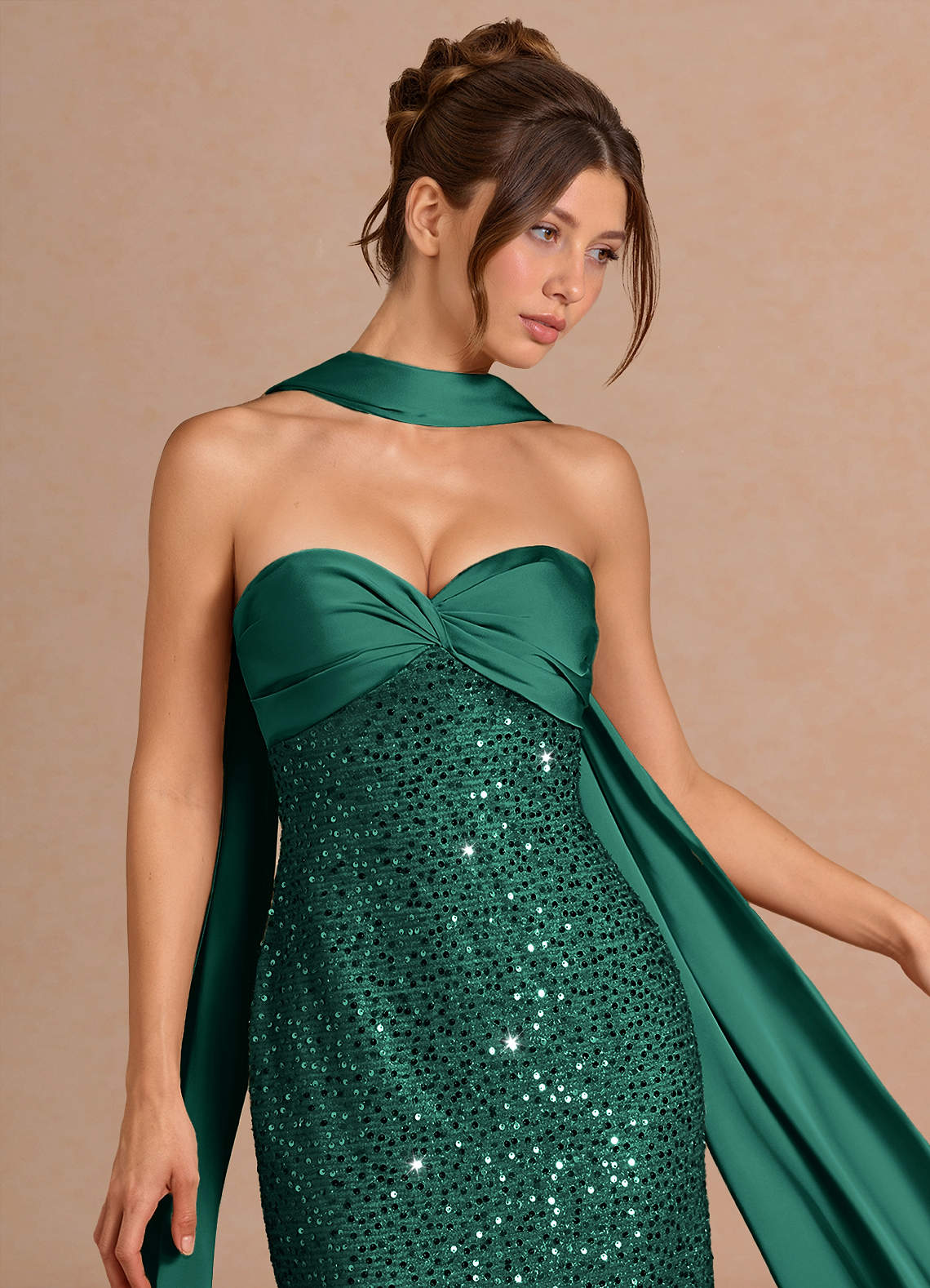 Serelle A-Line Sweetheart Sequin Satin Evening Dress in Emerald