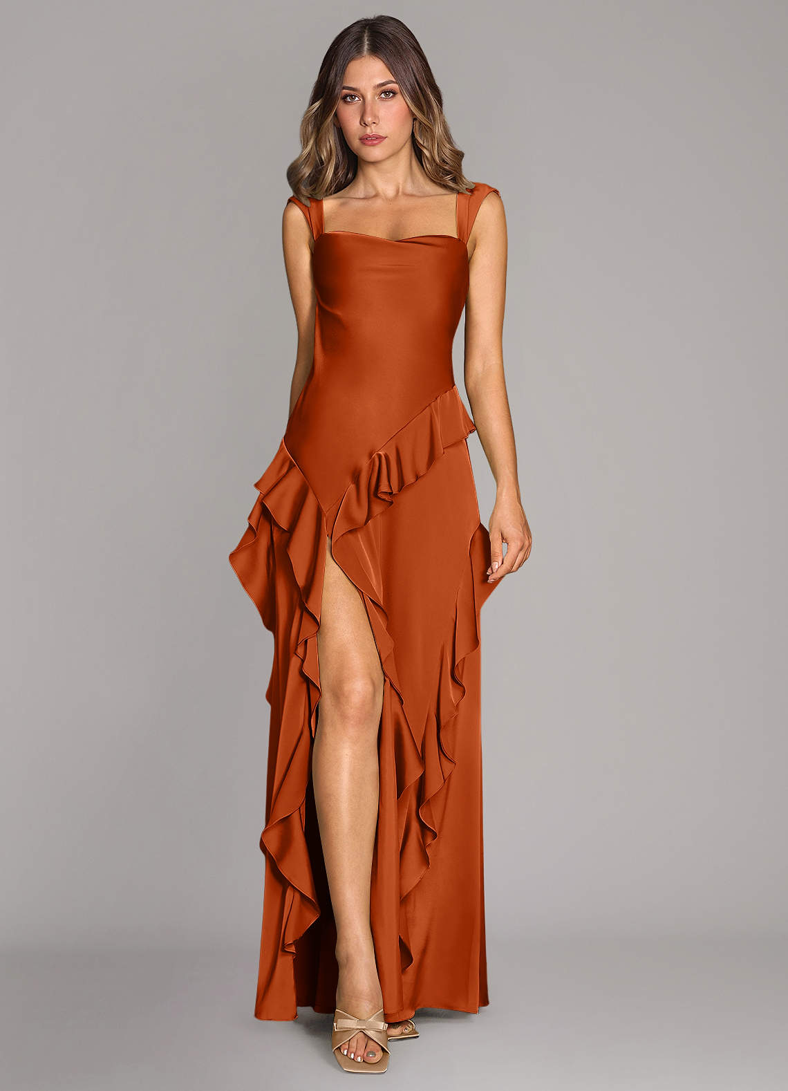 Sloane A-Line Sweetheart Stretch Satin Bridesmaid Dress in Burnt Orange