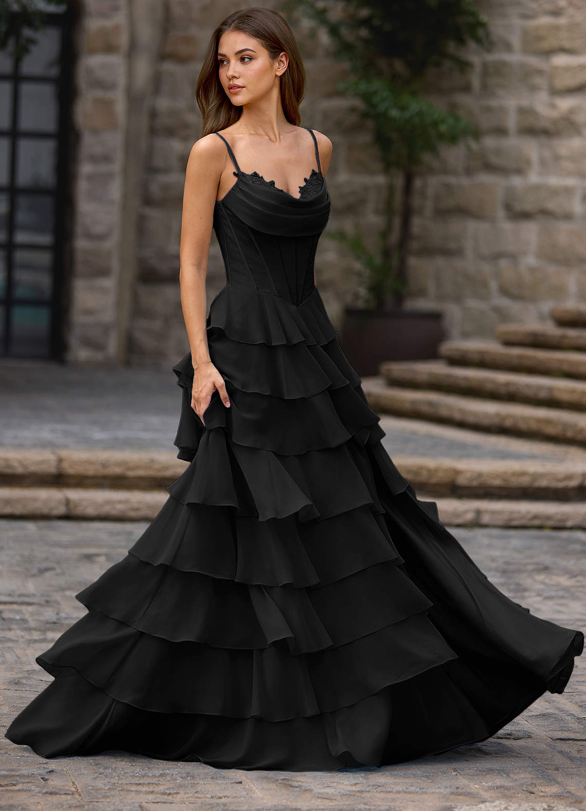 Floralace A-Line Ruffle Chiffon Evening Dress in Vanilla