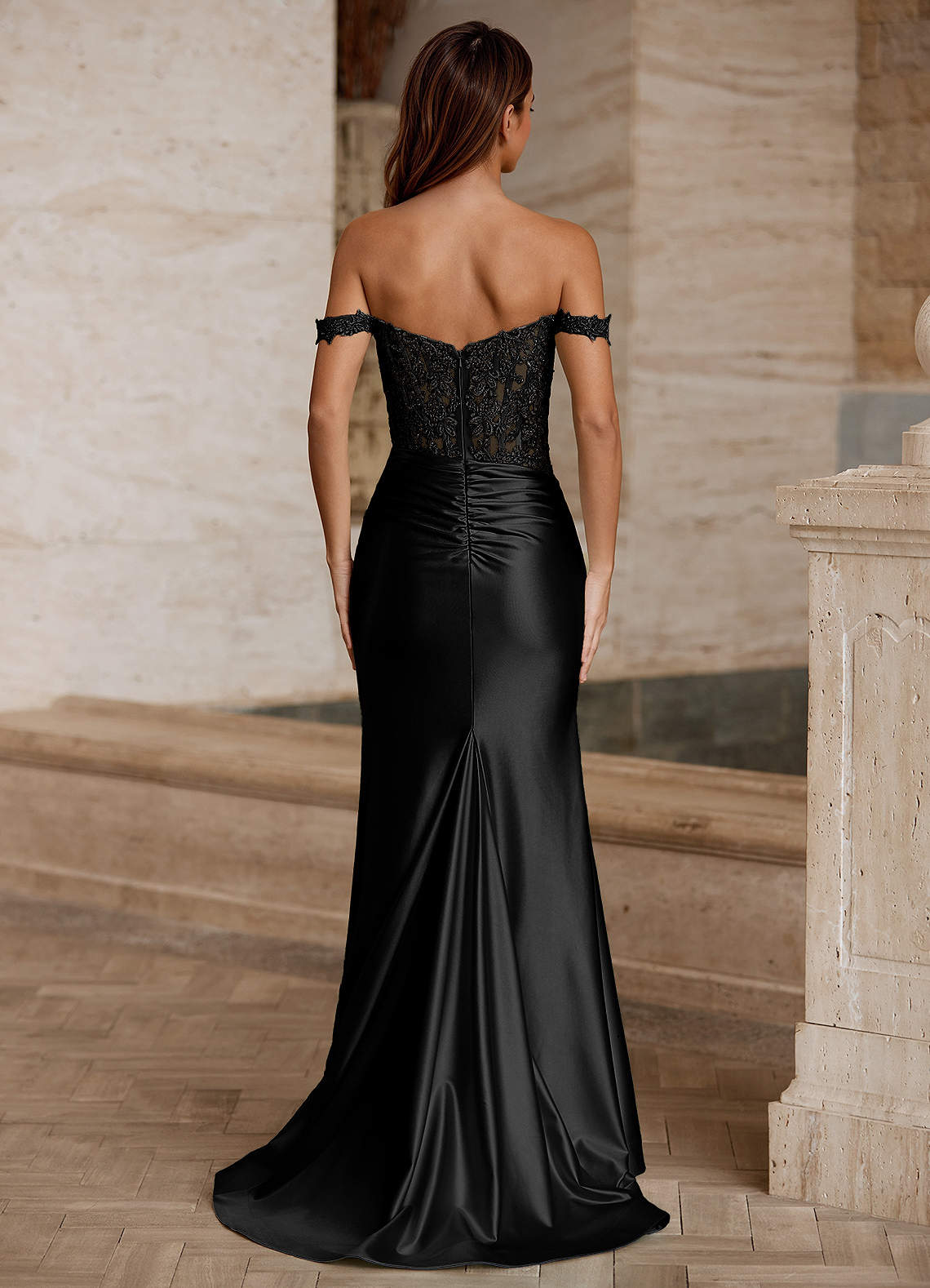 Wrentino Mermaid Off-the-Shoulder Stretch Satin Evening Dress in black
