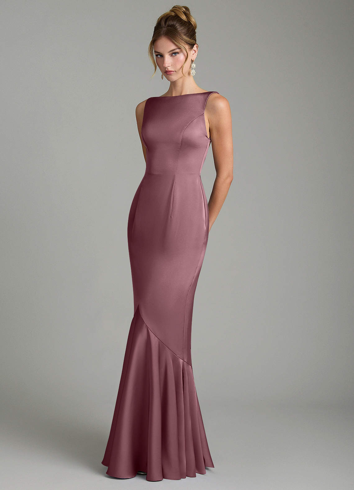 Tamera Mermaid Boat-Neck Stretch Satin and Chiffon Bridesmaid Dress in Amethyst