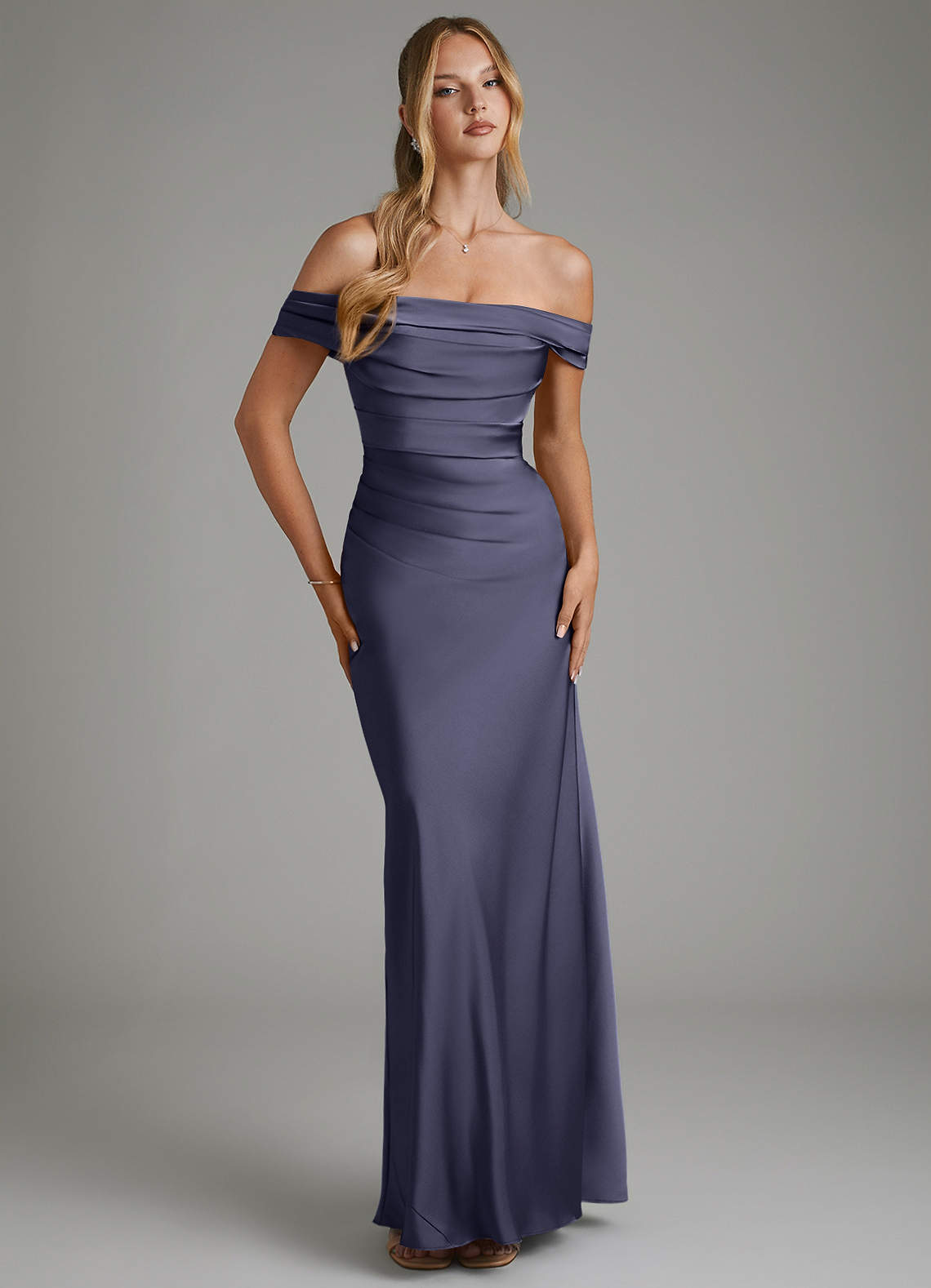 Hayden Mermaid Off-the-Shoulder Stretch Satin Bridesmaid Dress in Stormy