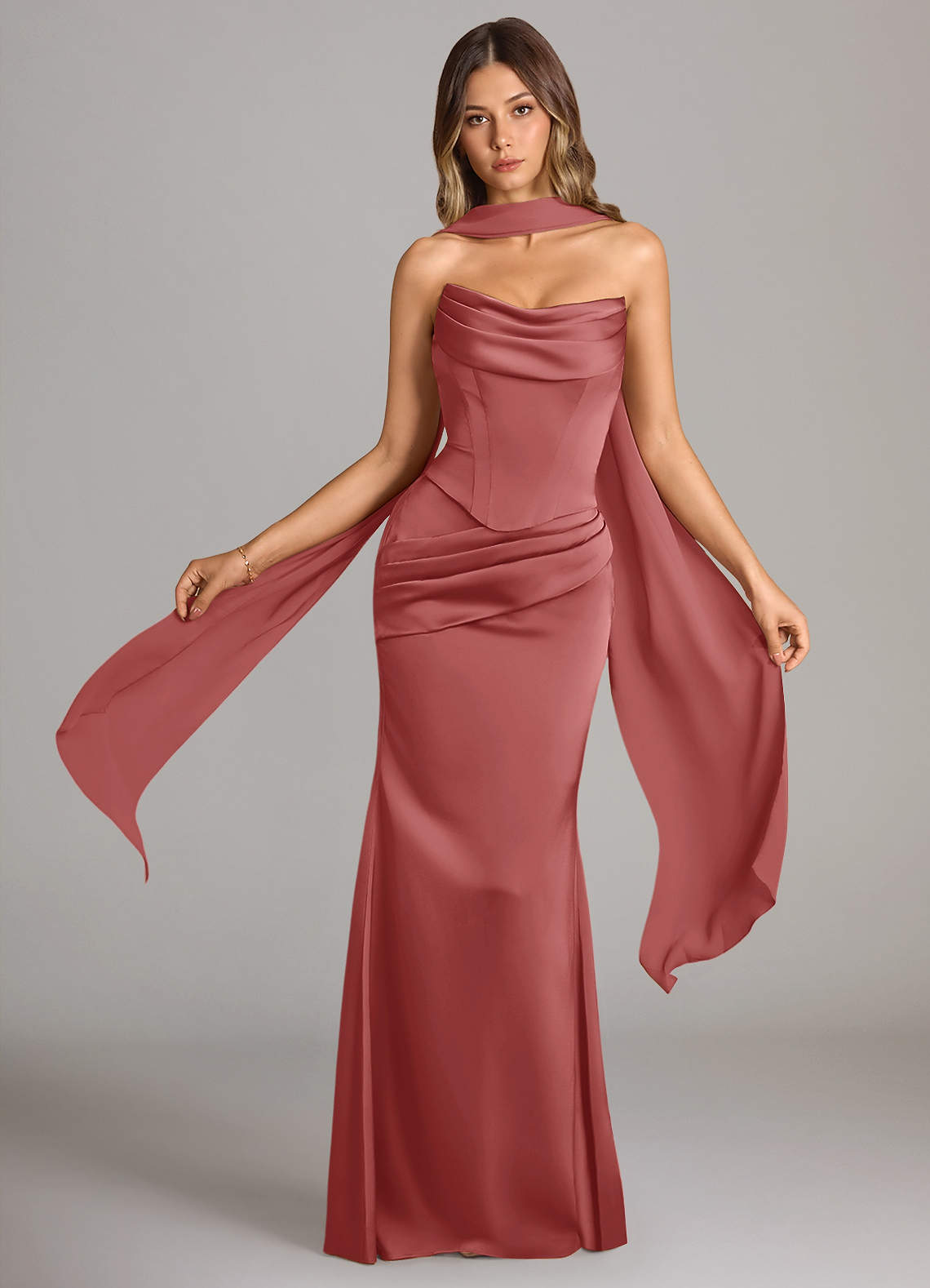 Sorrel Mermaid Cowl-Neck Stretch Satin and Chiffon Bridesmaid Dress in Antique Rose