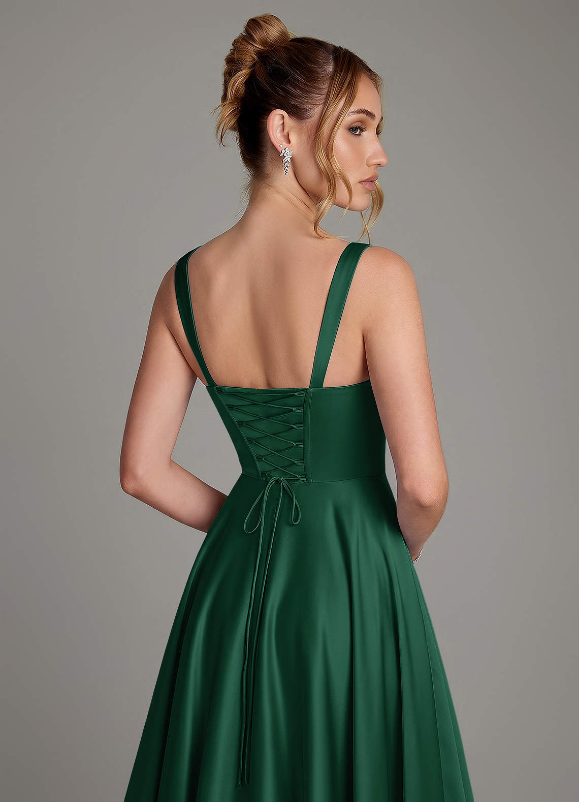 Azaria A-Line Square-Neck Stretch Satin Bridesmaid Dress in Dark Green