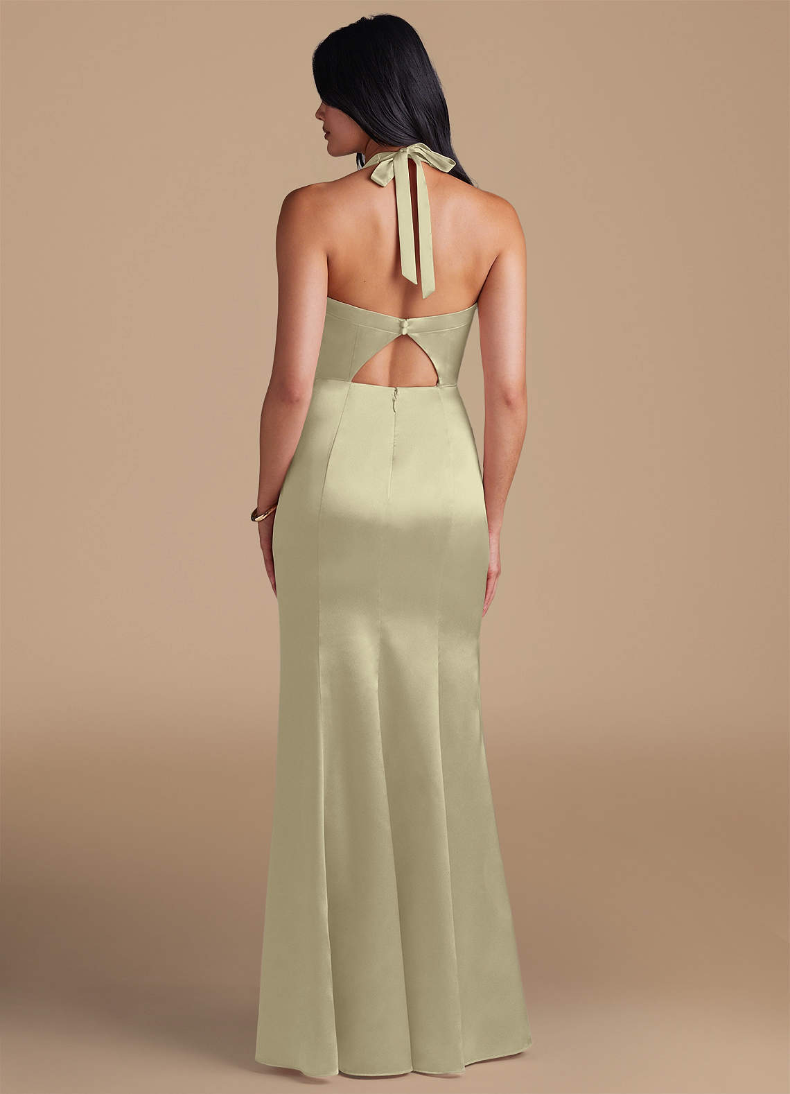 Emeria Sheath Halter Metallic Satin Bridesmaid Dress in Moss Green