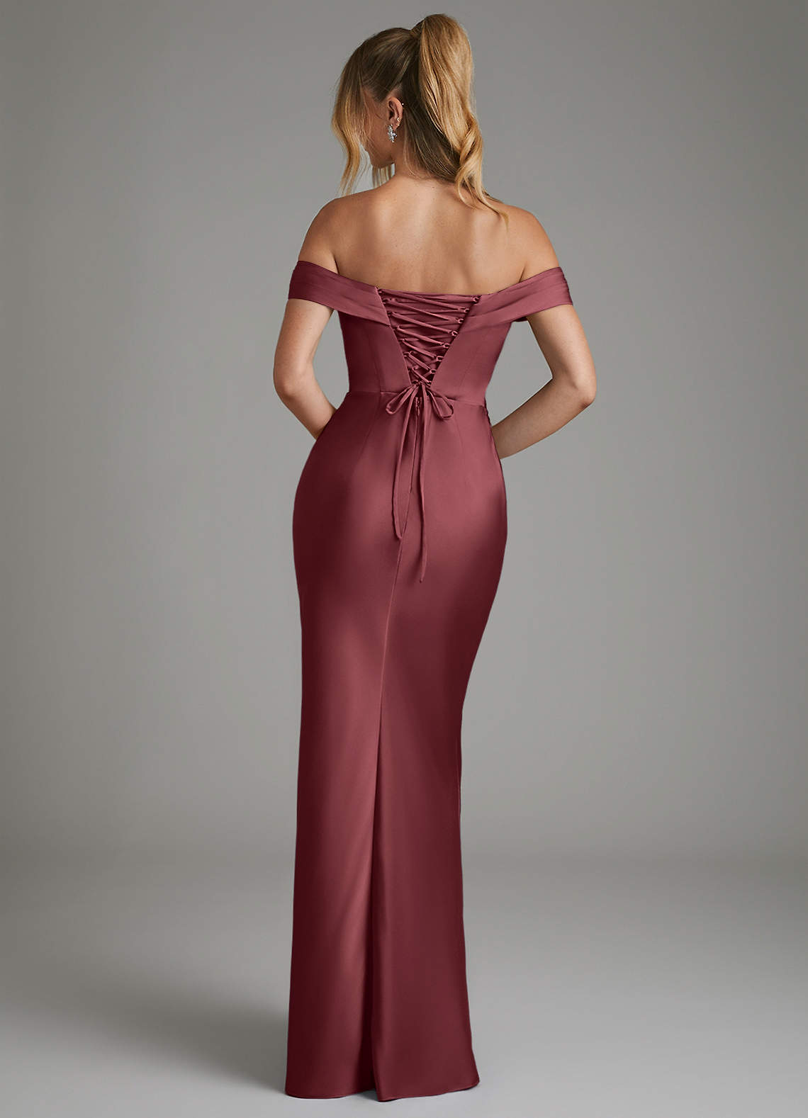 Hayden Mermaid Off-the-Shoulder Stretch Satin Bridesmaid Dress in Merlot