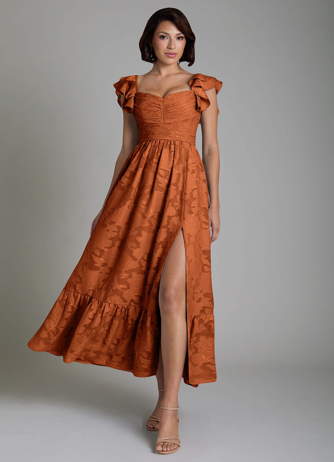 Anaya A-Line V-Neck Floral Burnout Bridesmaid Dress in Burnt Orange