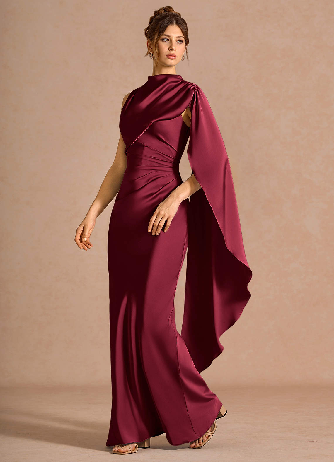 Chesney Cape-Sleeve Pleated Stretch Satin Wedding Guest Dress in Merlot