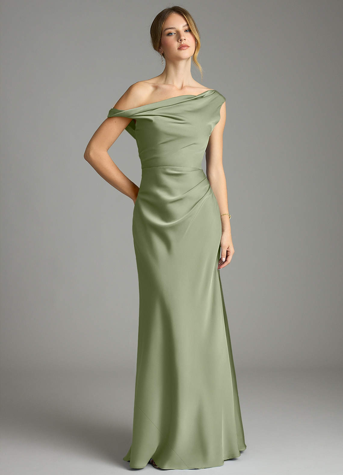 Emerson Mermaid One-Shoulder Stretch Satin Bridesmaid Dress in Pistachio