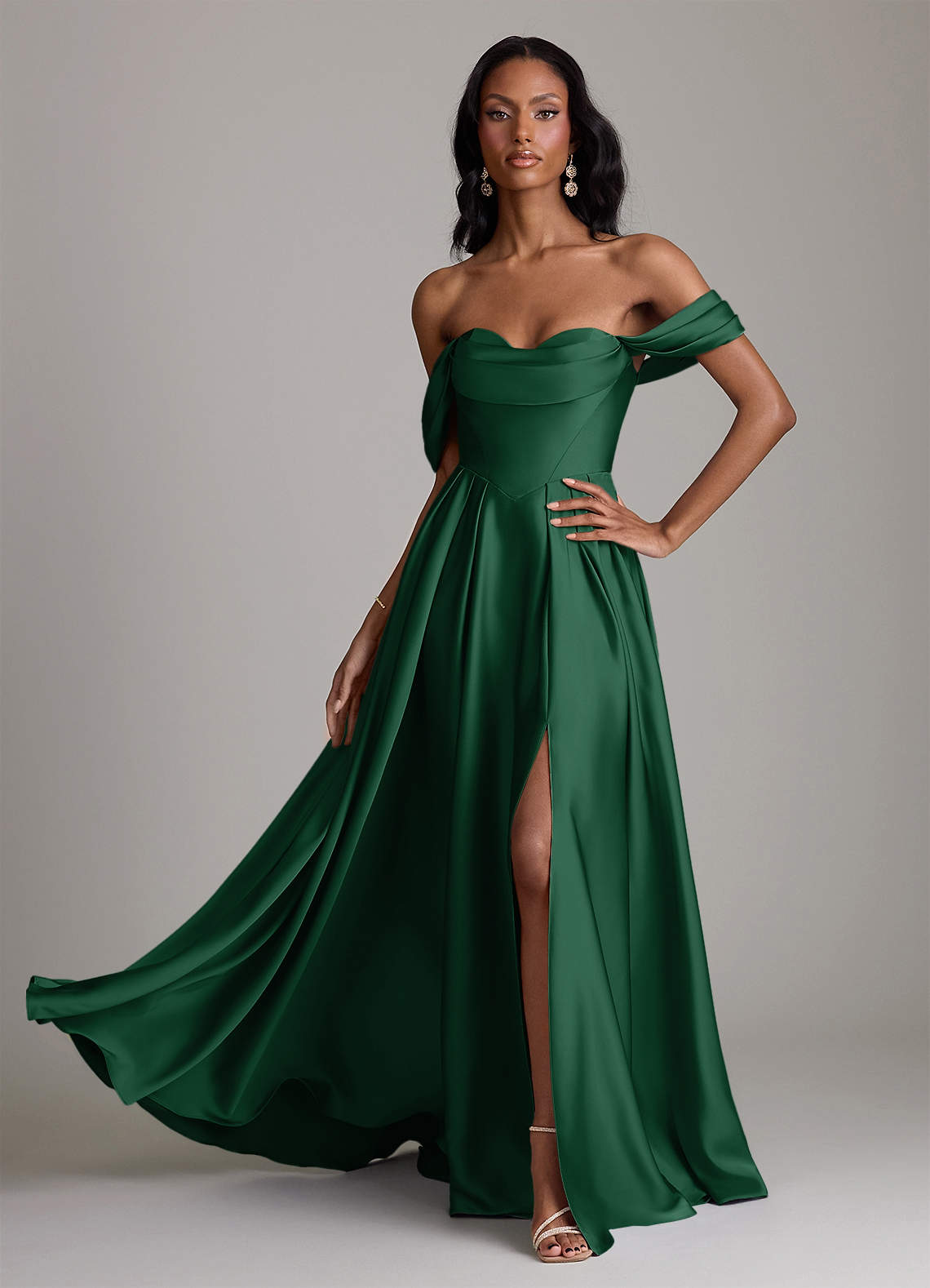 Loisa A-Line Off-the-Shoulder Stretch Satin Bridesmaid Dress in Dark Green