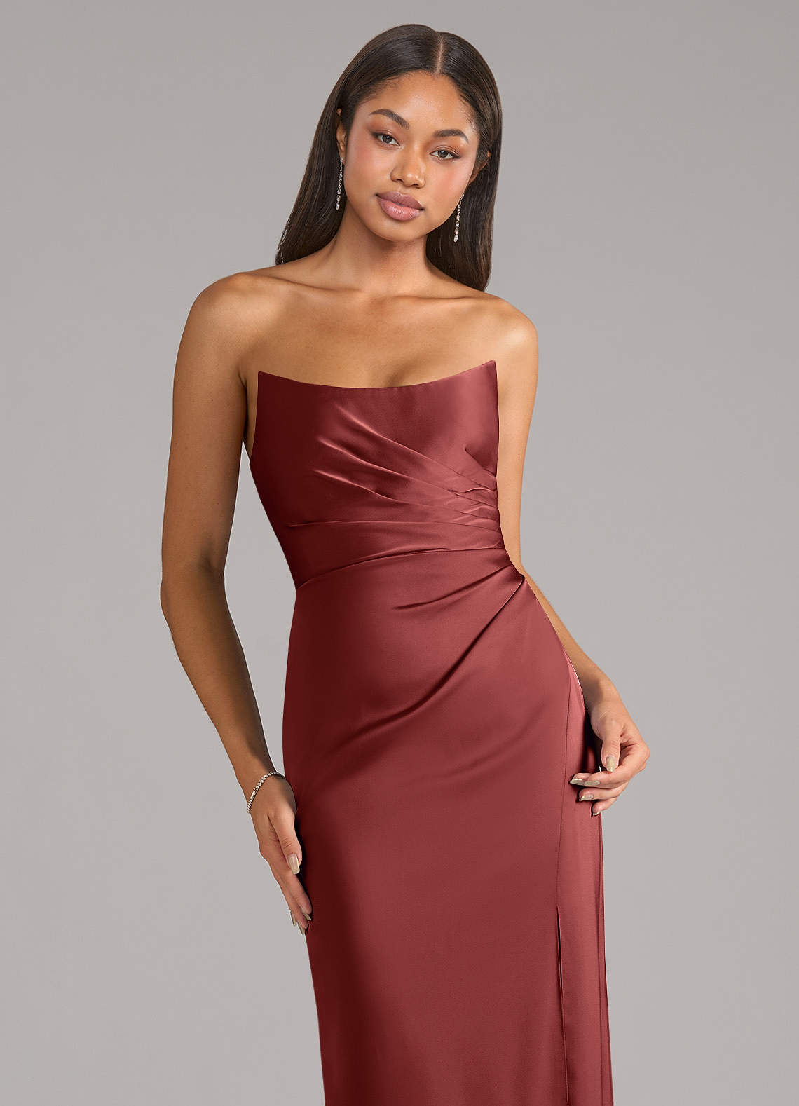 Marla Sheath Strapless Stretch Satin Bridesmaid Dress in Terracotta