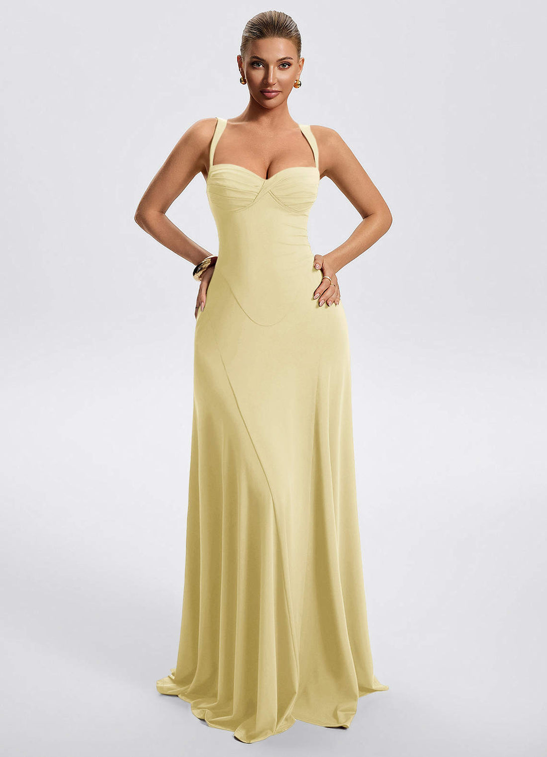 Zephira Fitted Sweetheart Godet Stretch Jersey Wedding Guest Dress in Lemon Sorbet