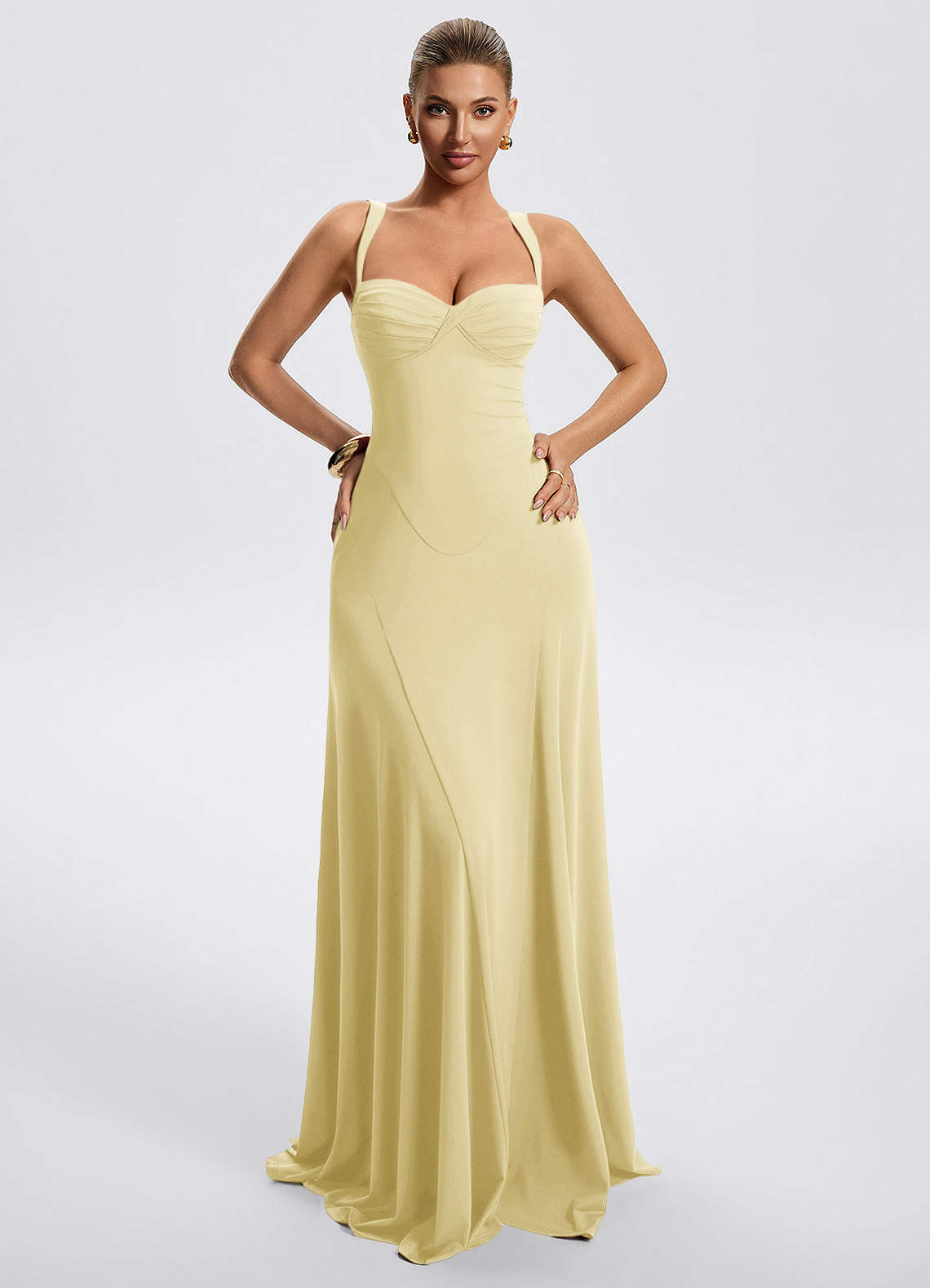 Zephira Fitted Sweetheart Godet Stretch Jersey Wedding Guest Dress in Lemon Sorbet