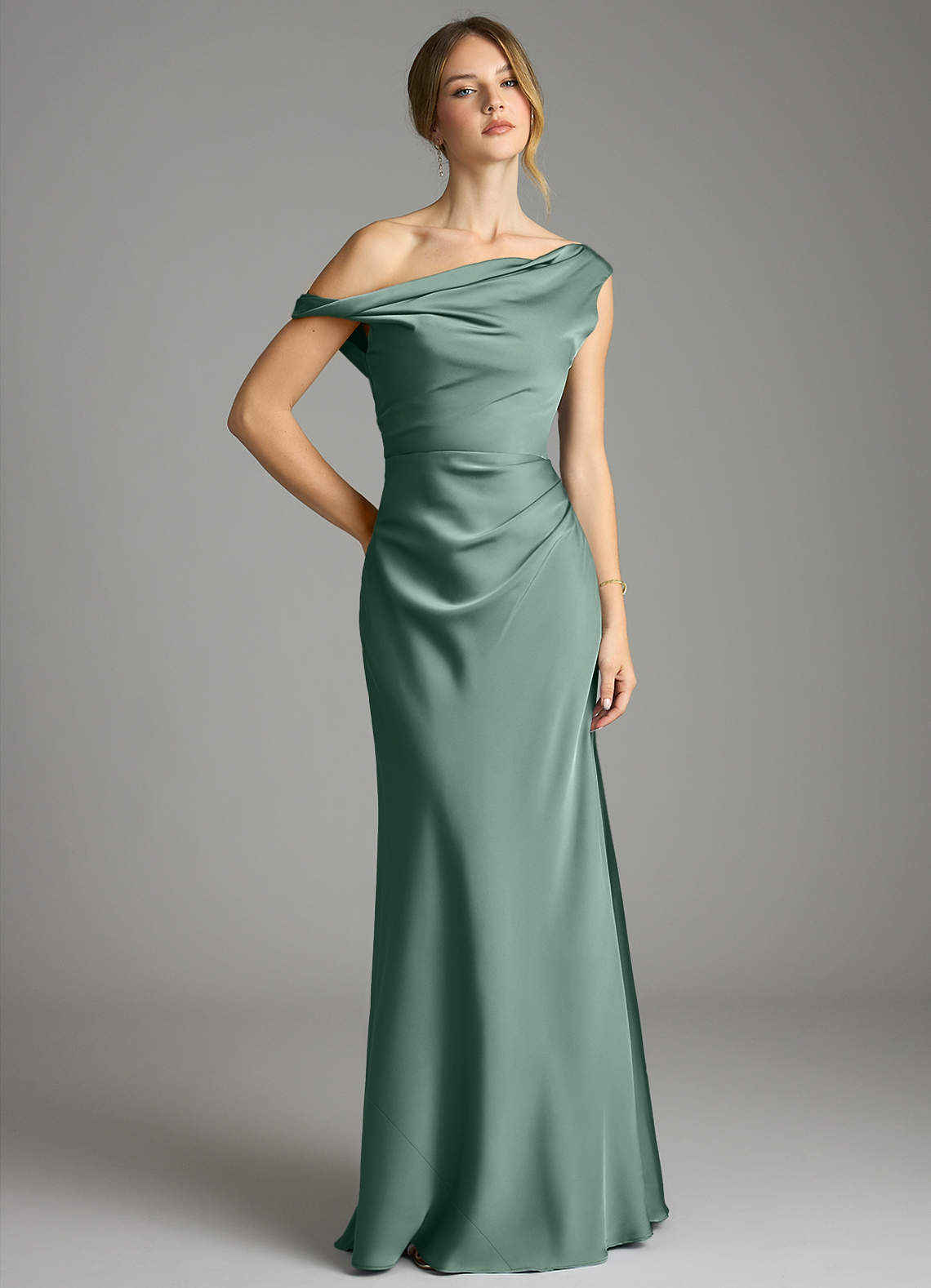 Emerson Mermaid One-Shoulder Stretch Satin Bridesmaid Dress in Eucalyptus