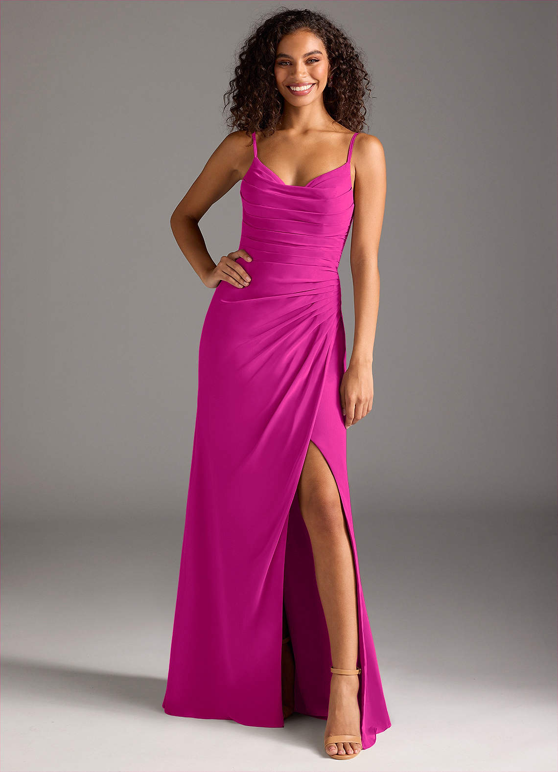 Deandra Mermaid Cowl-Neck Chiffon Bridesmaid Dress in Fuchsia