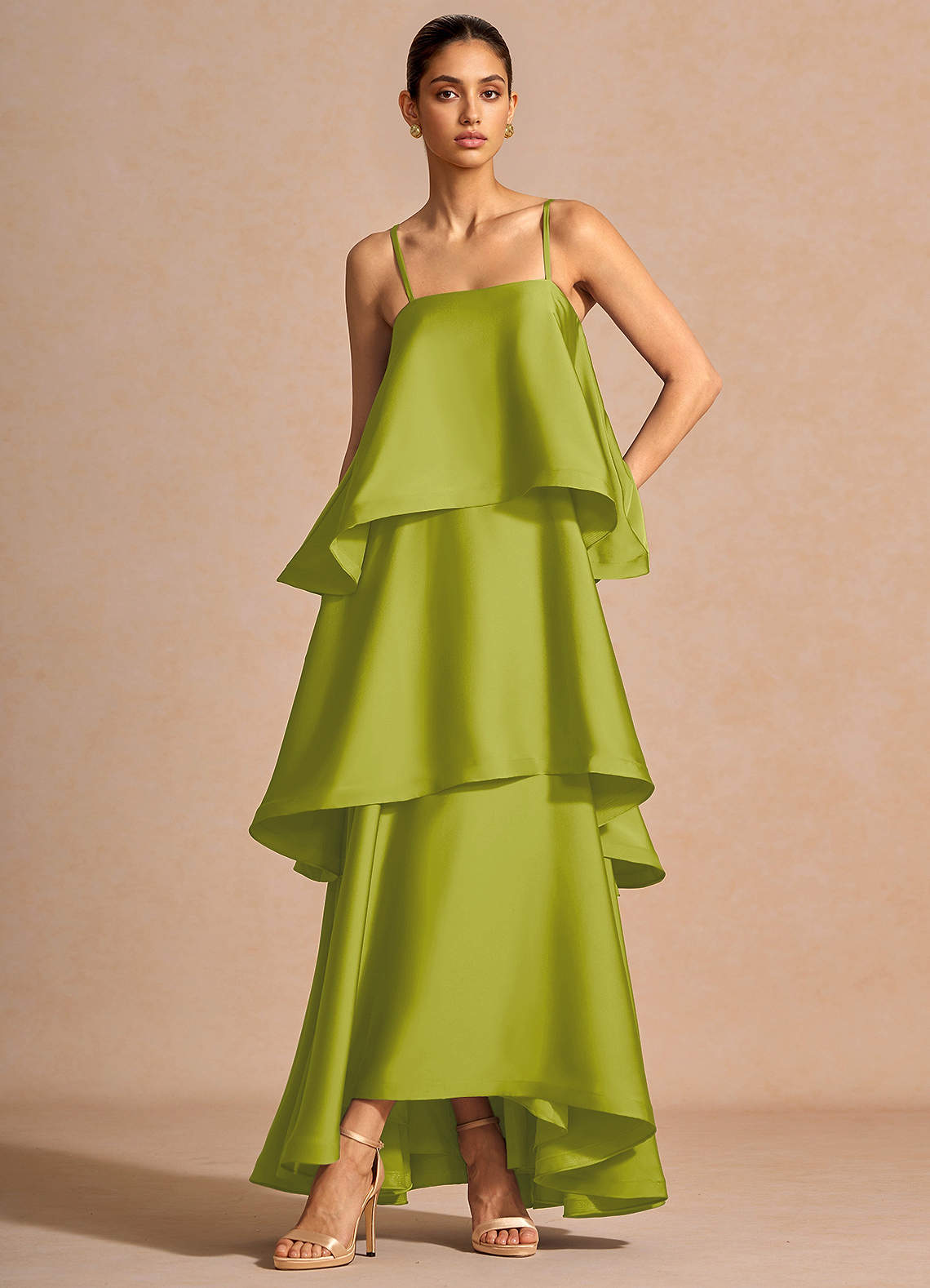 Itasca A-Line Tiered Stretch Satin Wedding Guest Dress in Lemon Green