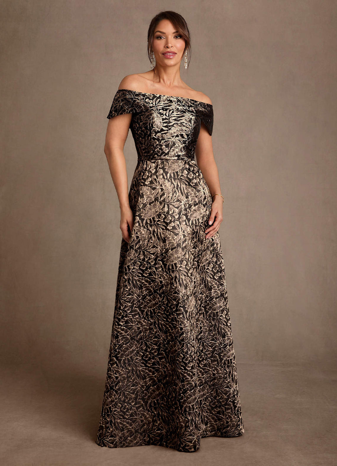 Jossie A-Line Off-the-Shoulder Jacquard Mother of the Bride Dress in Ebony Gold Jacquard