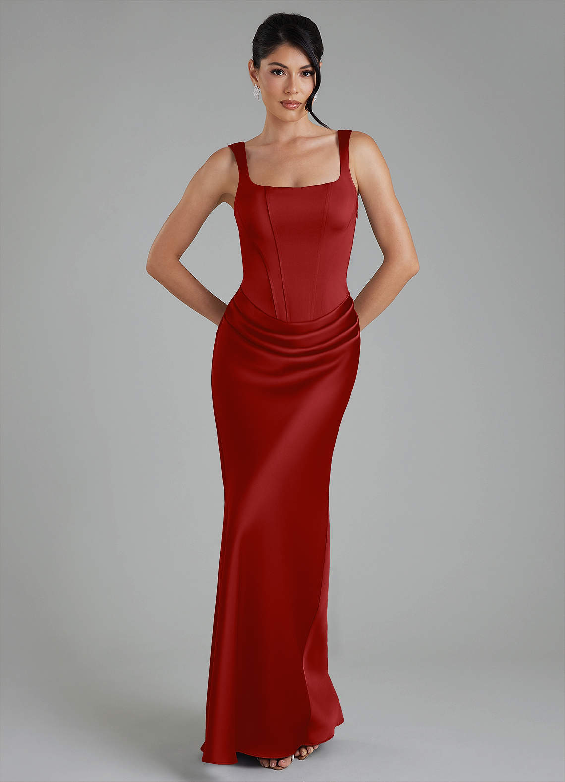 Etta Mermaid Square-Neck Stretch Satin Bridesmaid Dress in Pomegranate