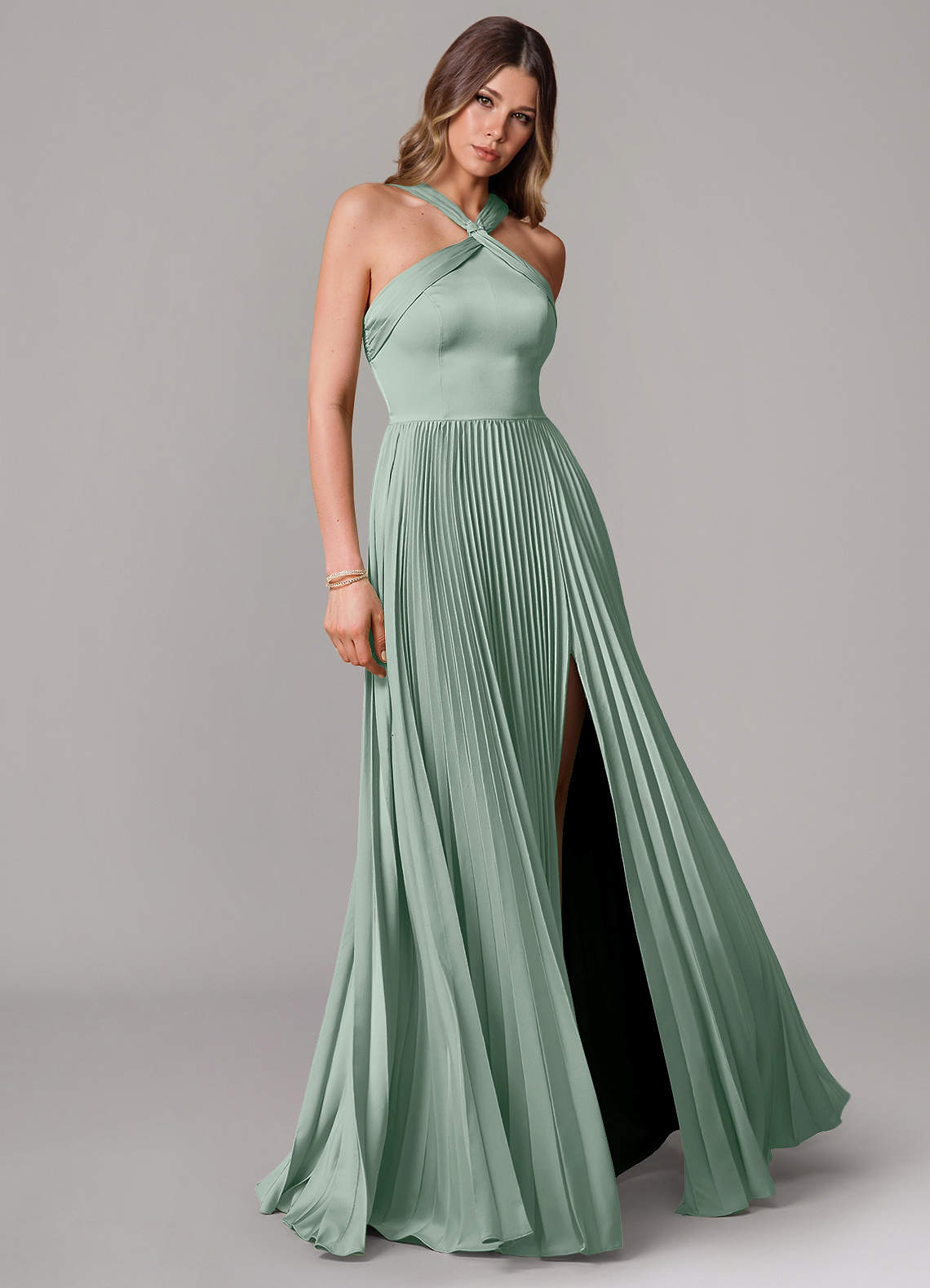Afra A-Line Halter-Neck Stretch Satin Bridesmaid Dress in Agave