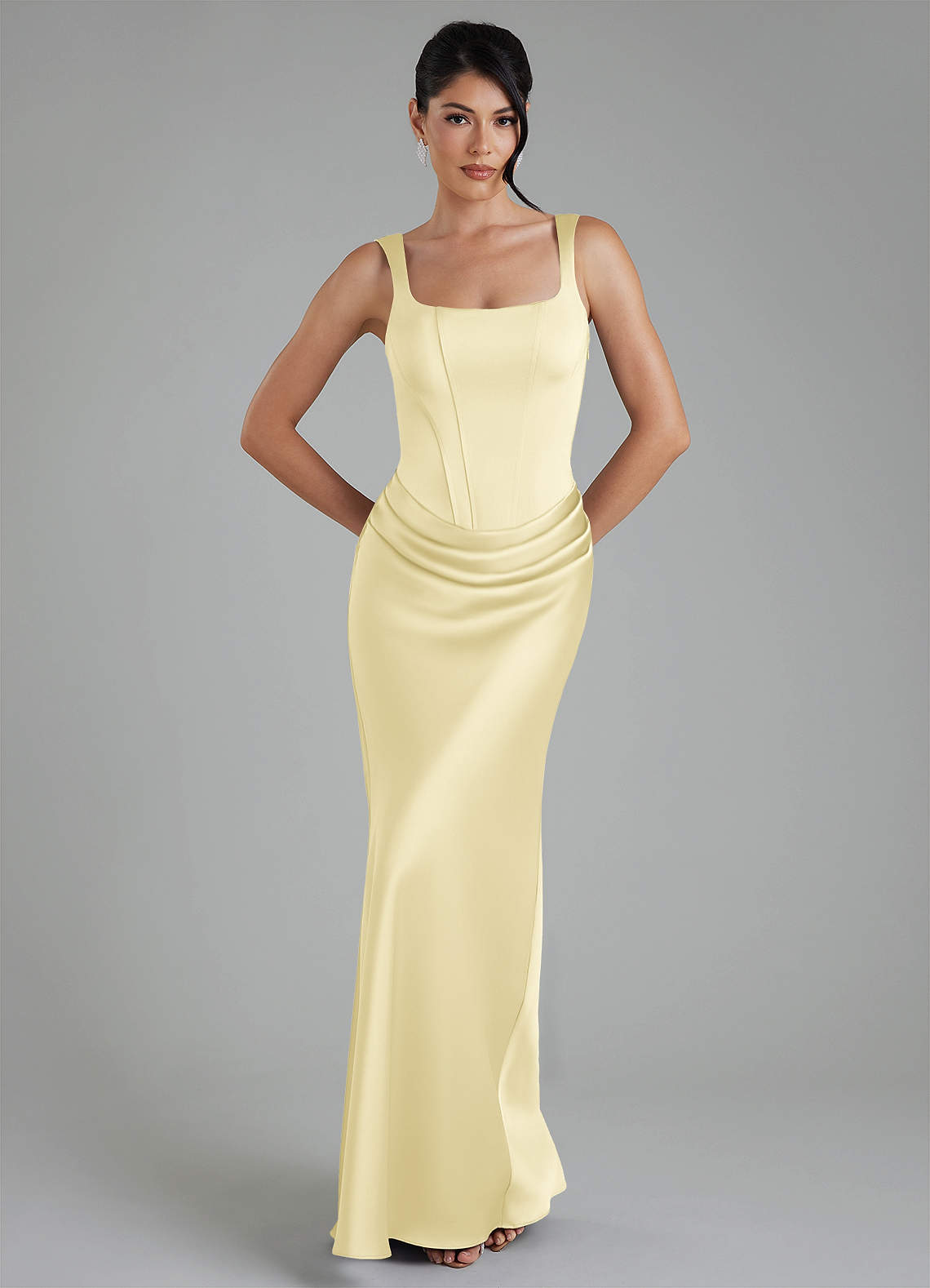 Etta Mermaid Square-Neck Stretch Satin Bridesmaid Dress in Lemon Sorbet