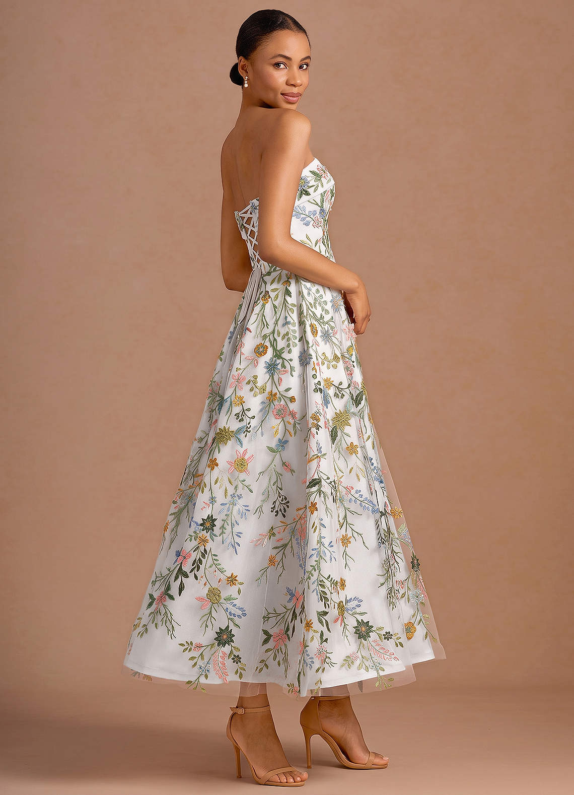 Evangeline Strapless Corset Floral Lace Evening Dress in White