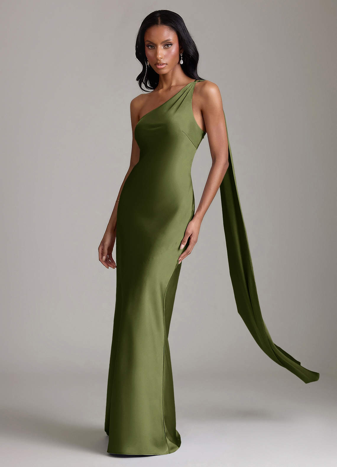 Juniper Mermaid One-Shoulder Stretch Satin Bridesmaid Dress in Olive