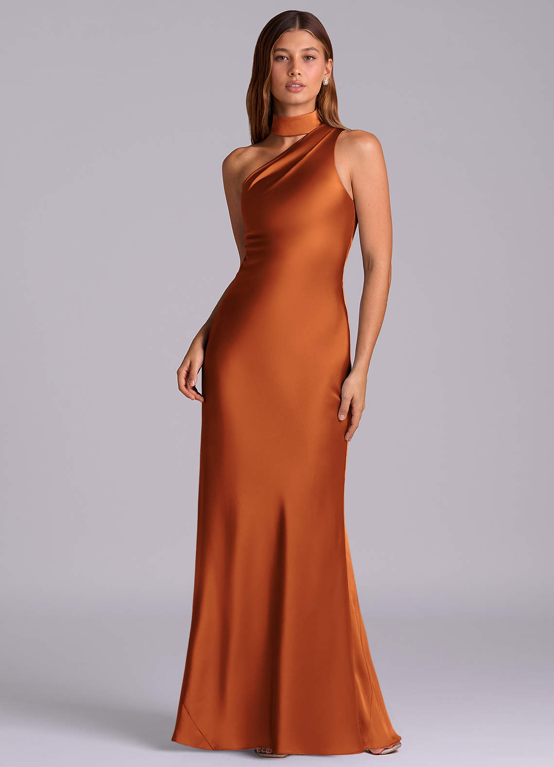 Seona Mermaid One-Shoulder Stretch Satin and Tulle Bridesmaid Dress in Cinnamon