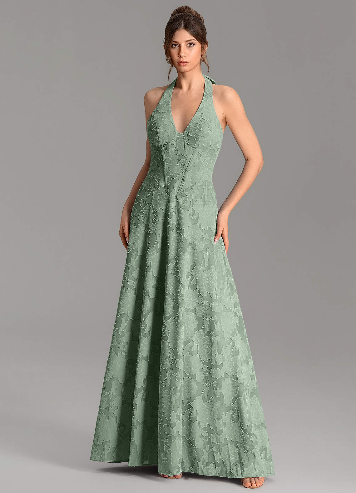 Nia A-Line V-Neck Floral Burnout Bridesmaid Dress in Matcha