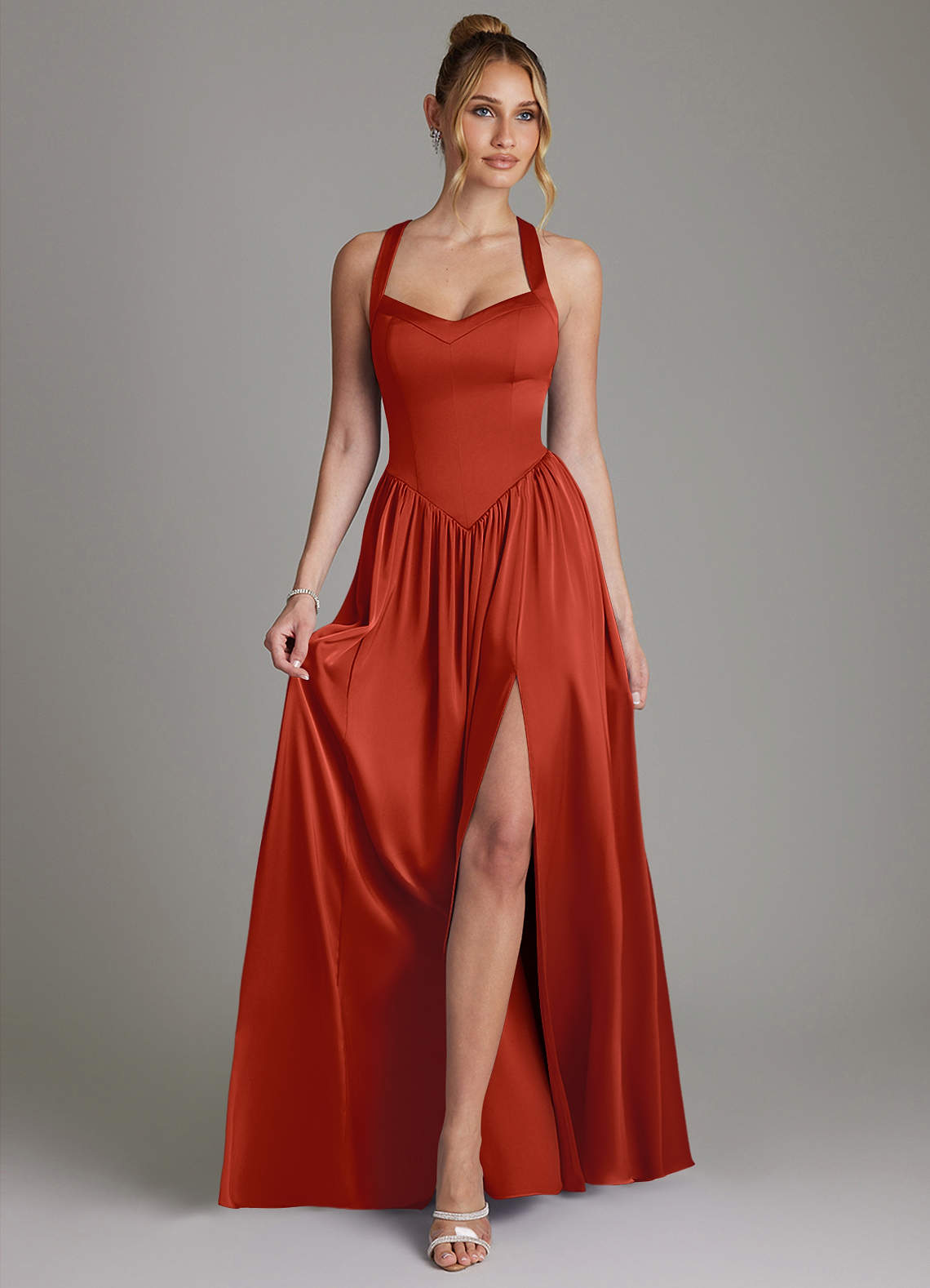 Francis A-Line V-Neck Stretch Satin Bridesmaid Dress in Rust