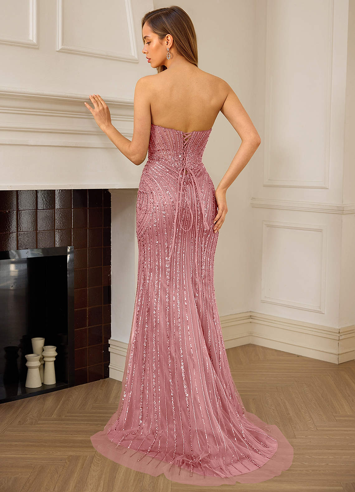 Katheron Mermaid Sweetheart Beaded Tulle Evening Dress in pink