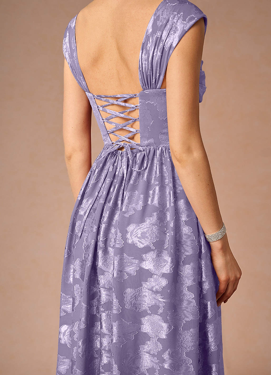 Hazel A-Line Cowl-Neck Fil Coupé Wedding Guest Dress in Lilac