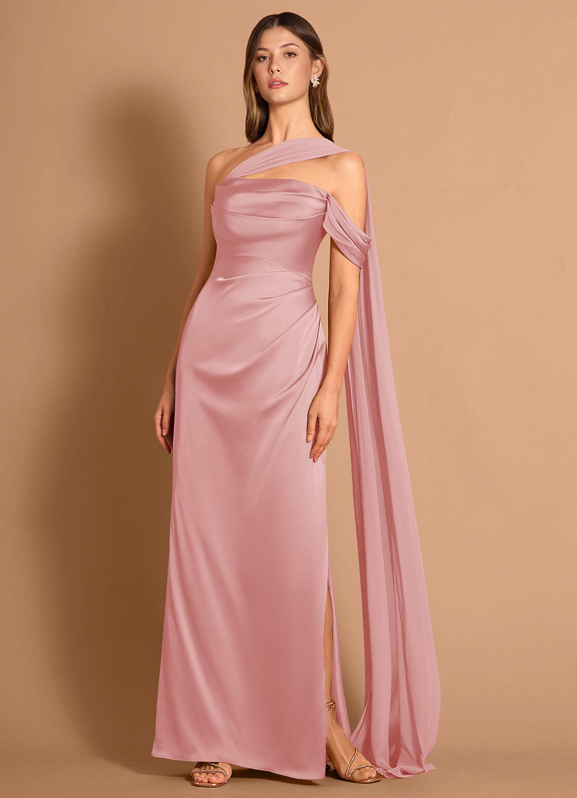 Meliora Asymmetric Strapless Chiffon-Drape Stretch Satin Evening Dress in Haze Pink