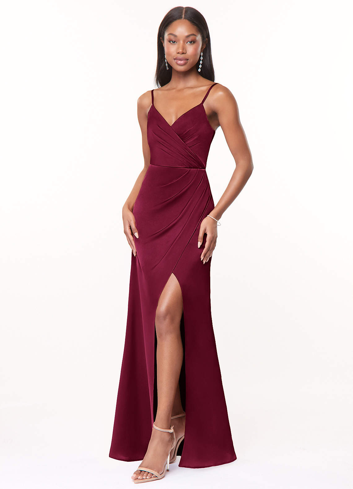 Maci A-Line V-Neck Stretch Satin Bridesmaid Dress in Burgundy