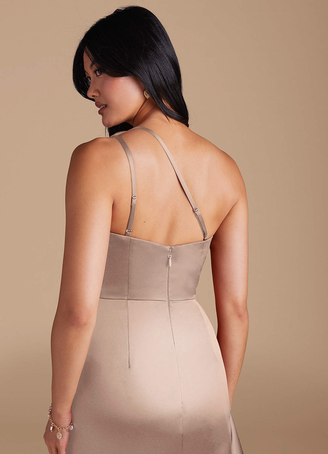 Latrice Sheath One-Shoulder Metallic Satin Bridesmaid Dress in Taupe