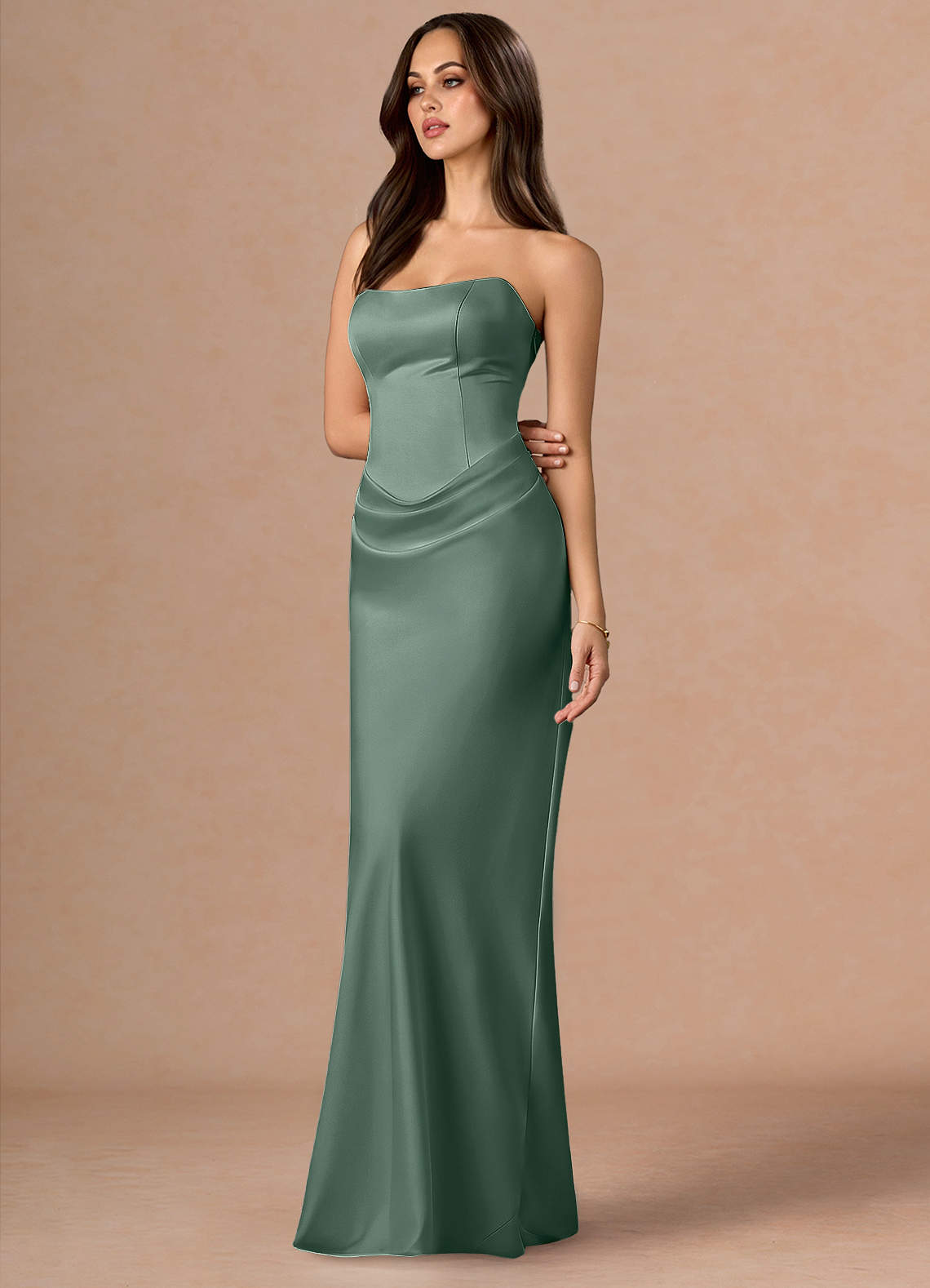 Valencia Scarf Lace-Up Stretch Satin Evening Dress in eucalyptus