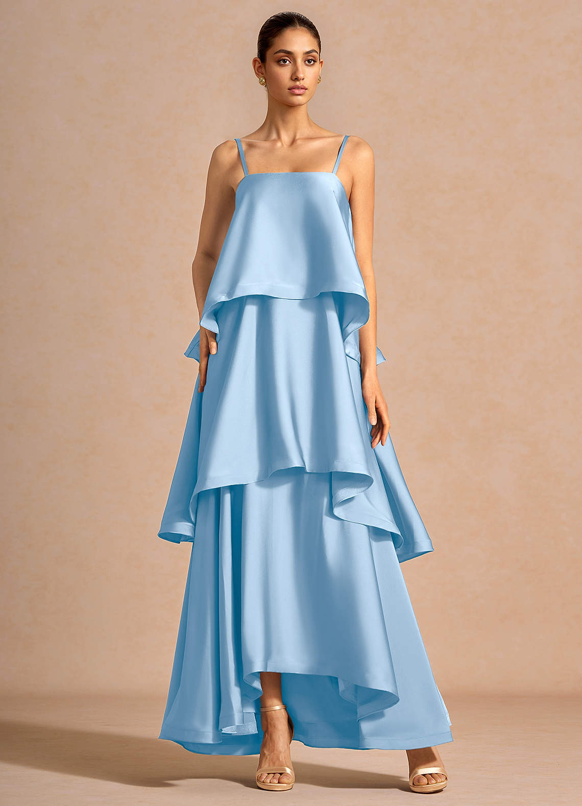Itasca A-Line Tiered Stretch Satin Wedding Guest Dress in Haze blue