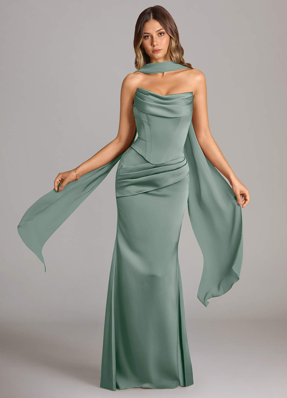 Sorrel Mermaid Cowl-Neck Stretch Satin and Chiffon Bridesmaid Dress in Silver Sage