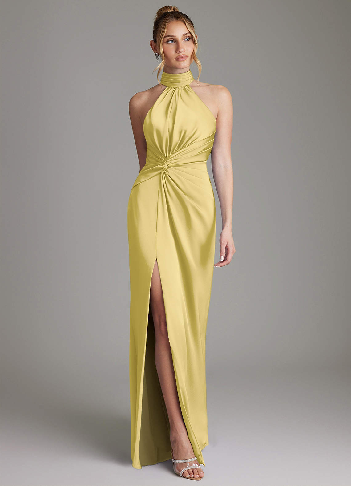 Gracelynn Sheath Halter Stretch Satin Bridesmaid Dress in Canary