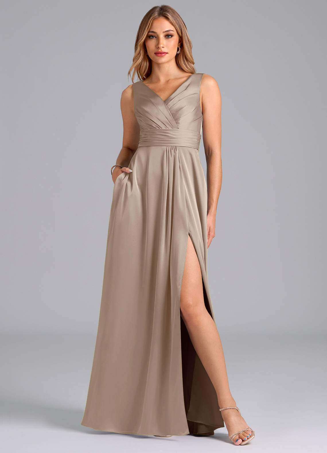 Karina A-Line V-Neck Stretch Satin Bridesmaid Dress in Taupe