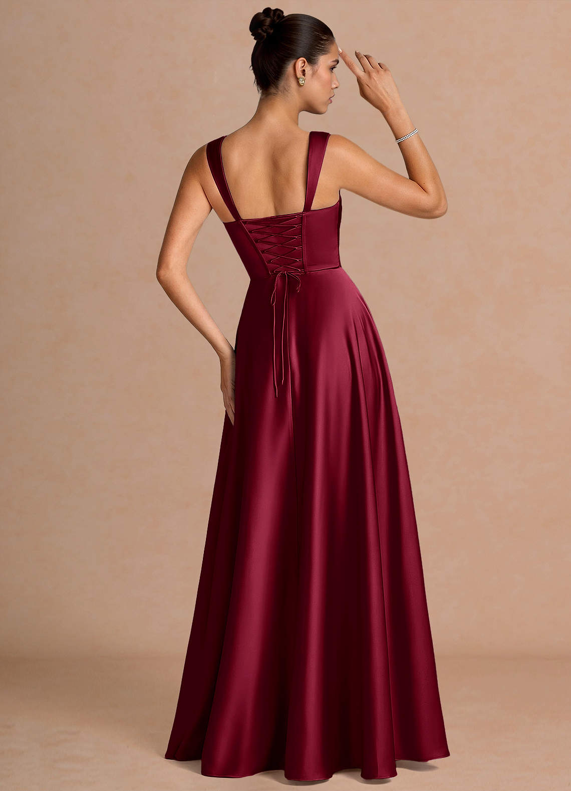 Azaria A-Line Square-Neck Stretch Satin Wedding Guest Dress in Merlot