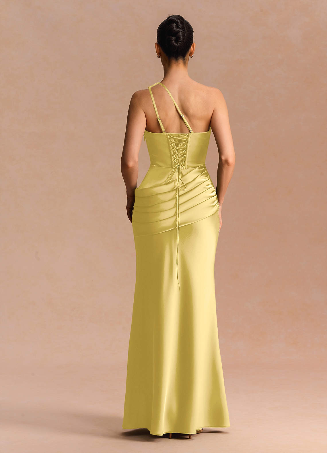 Guinevere One-Shoulder Cutout Stretch Satin Evening Dress in Pastel Yellow