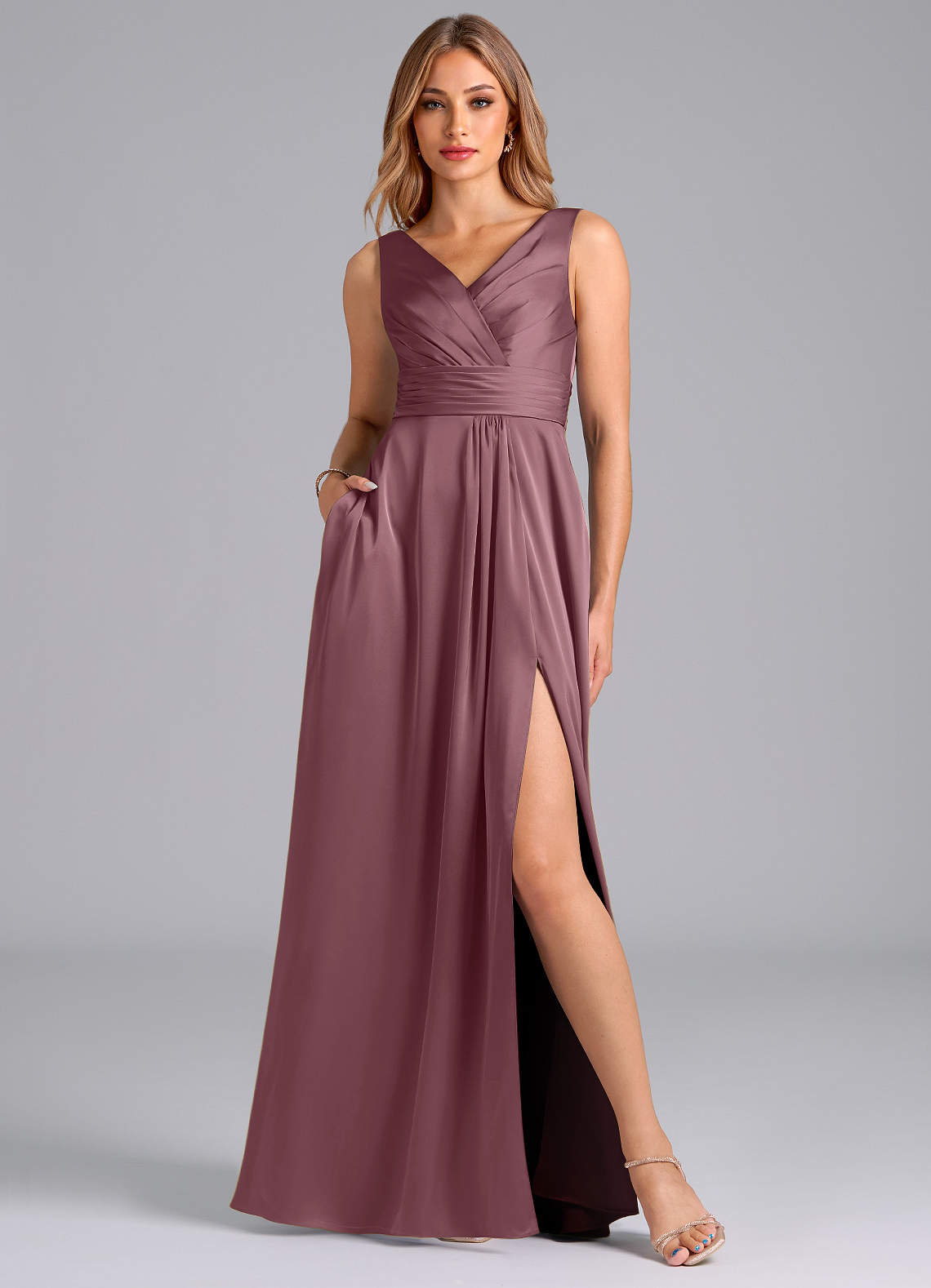 Karina A-Line V-Neck Stretch Satin Bridesmaid Dress in Amethyst