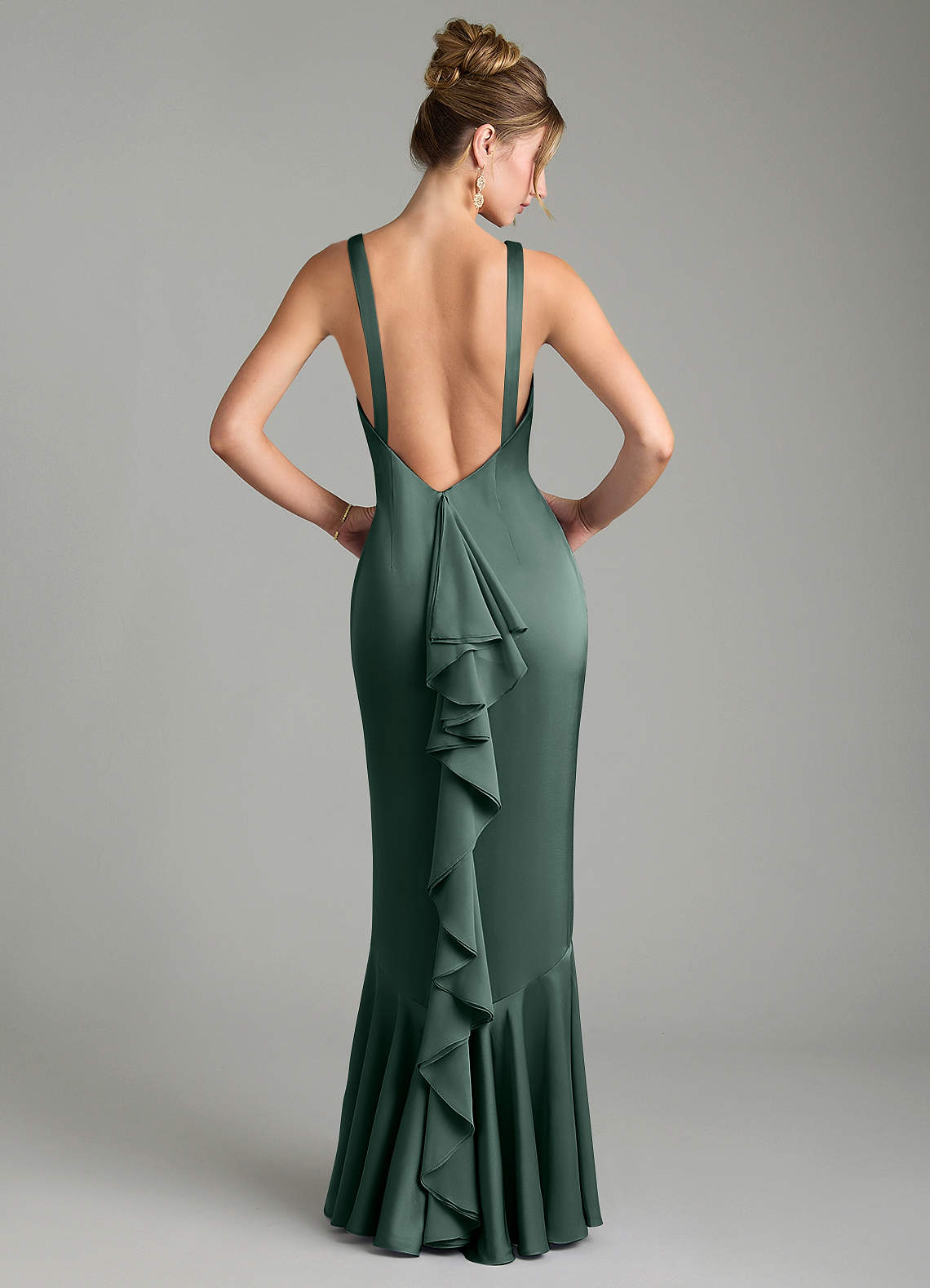 Tamera Mermaid Boat-Neck Stretch Satin and Chiffon Bridesmaid Dress in Sea Moss