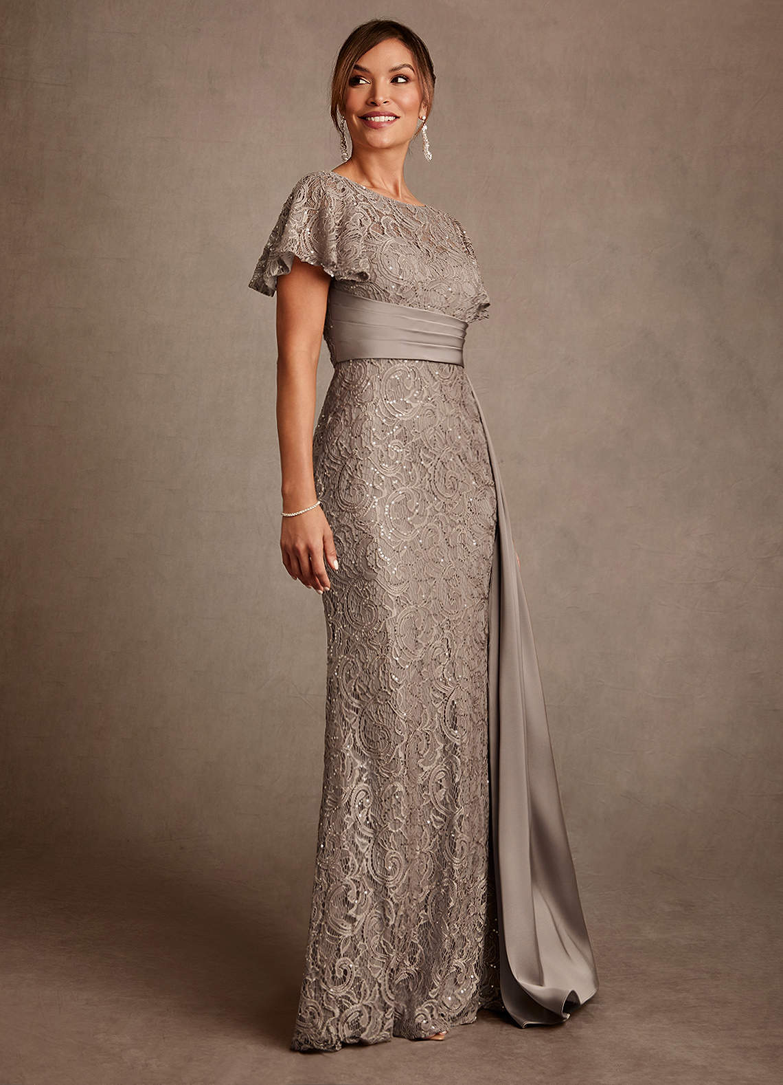 Harrison Mermaid Scoop-Neck Stretch Satin and Lace Mother of the Bride Dress in taupe