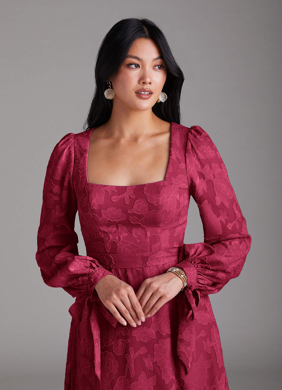Leonia A-Line Square-Neck Stretch Satin Bridesmaid Dress in Burgundy