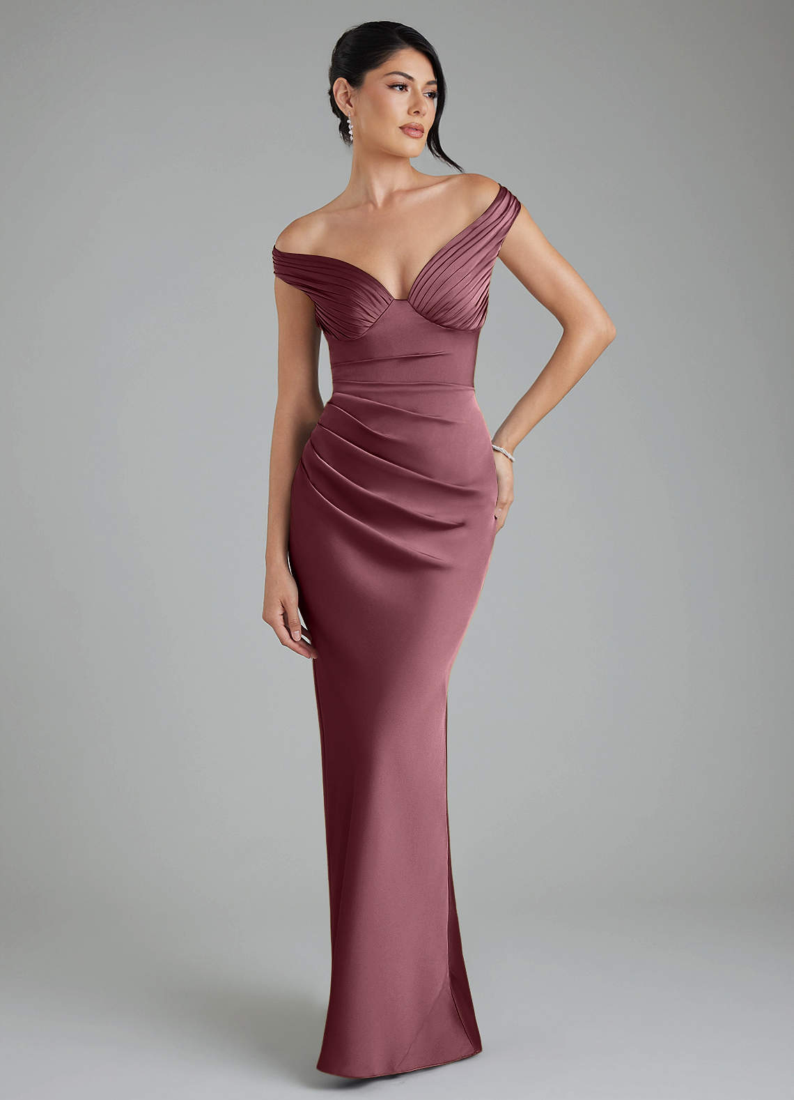 Stella Sheath V-Neck Stretch Satin Bridesmaid Dress in Desert Rose